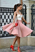 Abito da ballo a linea A con spalline sottili, lunghezza al ginocchio, colore blush e pieghe PD214