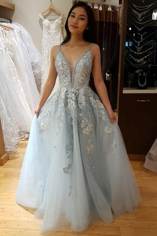 A-Linie Spaghettiträger Hellblaues Ballkleid mit Perlenapplikationen PSK076