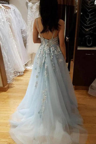 A-Linie Spaghettiträger Hellblaues Ballkleid mit Perlenapplikationen PSK076