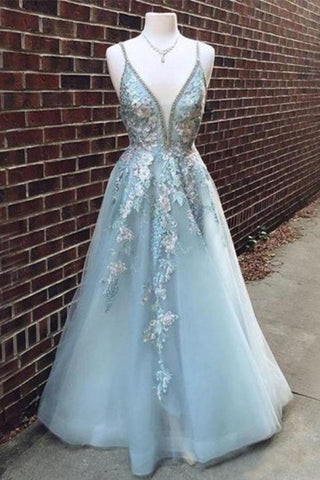 A-Linie Spaghettiträger Hellblaues Ballkleid mit Perlenapplikationen PSK076