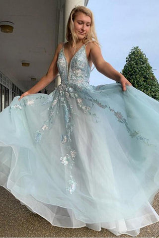 A-Linie Spaghettiträger Hellblaues Ballkleid mit Perlenapplikationen PSK076