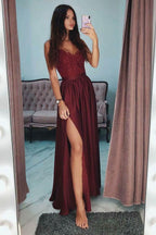 A-Linie Spaghettiträger Grau Langes Ballkleid mit Spitzenpailletten PSK029