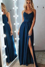A-Linie Spaghettiträger Grau Langes Ballkleid mit Spitzenpailletten PSK029