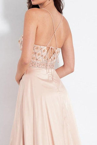A-Line Spaghetti Straps Pink Elastic Satin Prom Dress with Beading PG670