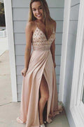 Robe de bal satinée rose élastique à bretelles spaghetti ligne A avec perlage PG670