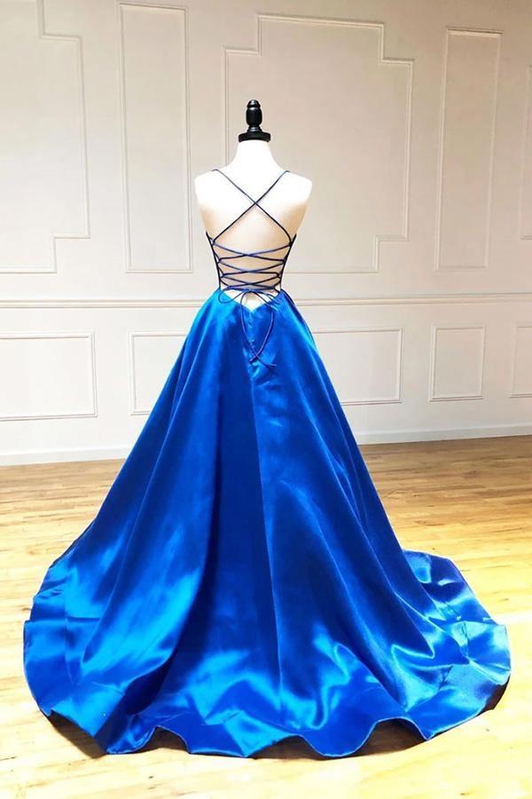 Vestidos de festa compridos em azul royal com alças finas e corte A PSK235