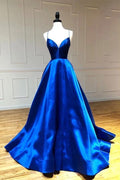 Robe de bal longue bleu royal à bretelles spaghetti et coupe A pour soirée  PSK235