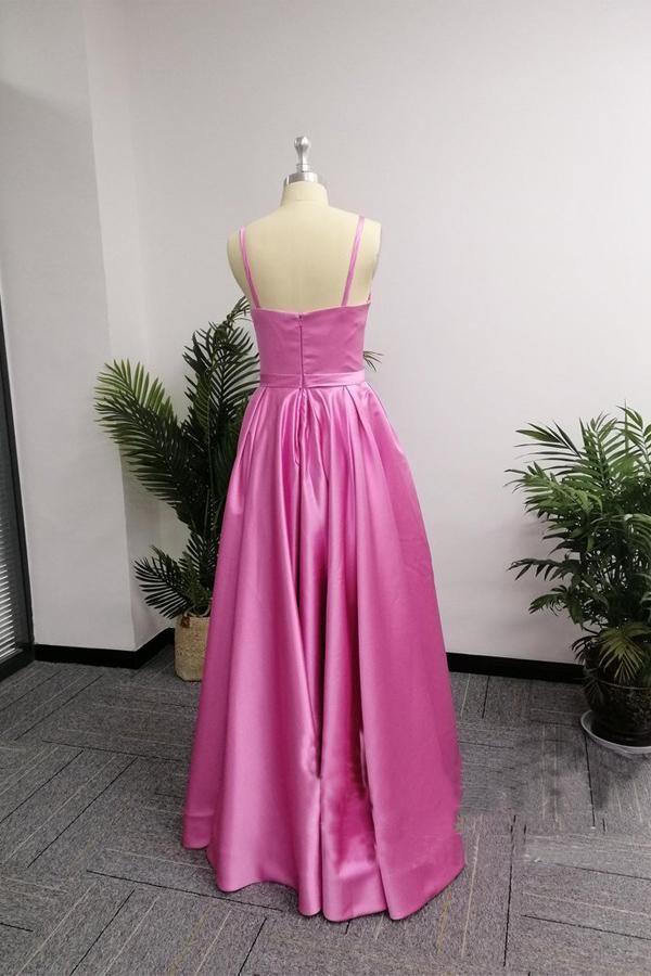 Vestido de festa simples com racha e alças finas, corte A, cauda longa, PG724