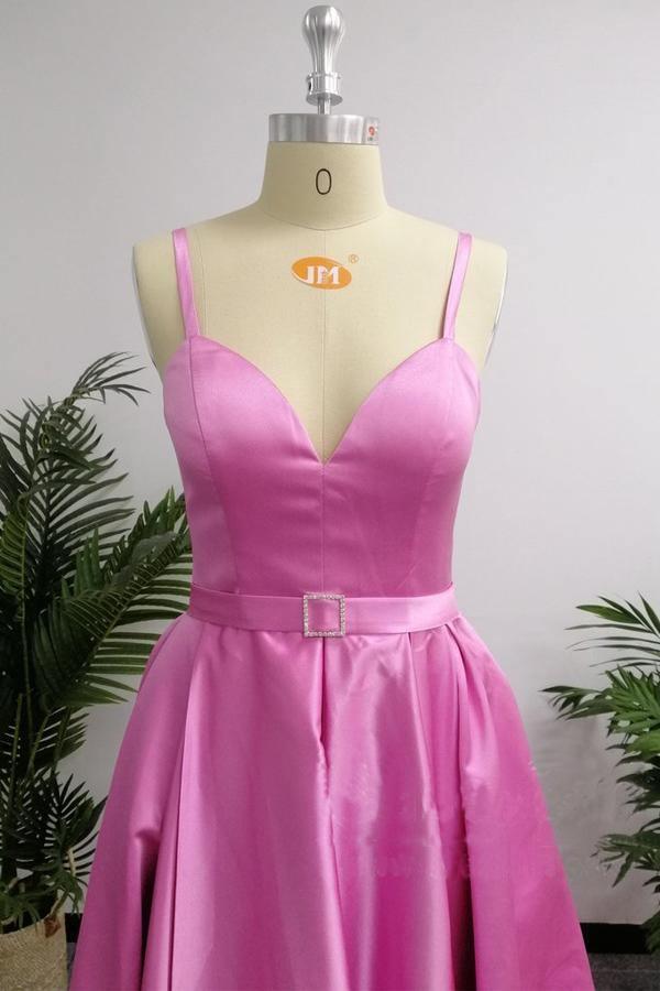 Vestido de festa simples com racha e alças finas, corte A, cauda longa, PG724