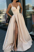 Abito da Prom Semplice con Spacco e Strascico a Spaghetti a Linea PG724