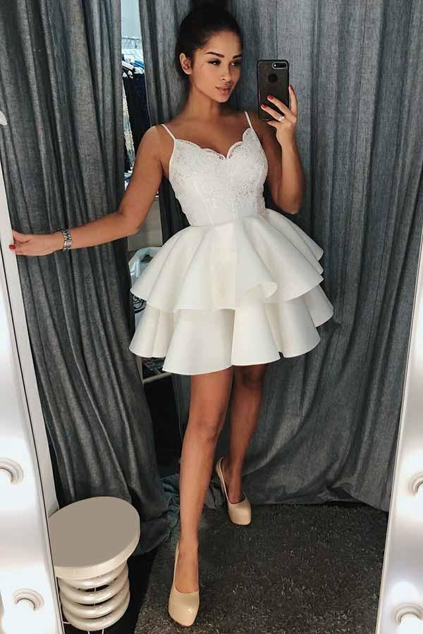 A-Line Spaghetti Straps Tiered Short Satin Homecoming Dress with Lace  PD025