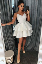 A-Line Spaghetti Straps Tiered Short Satin Homecoming Dress with Lace  PD025