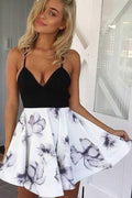 Vestido de cóctel para fiesta de bienvenida blanco con estampado floral, tirantes finos y corte en A de poliéster PD061