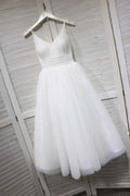 Vestido de Baile/Fin de Curso Blanco con Tirantes Espagueti y Tela Tul en Línea A PD154