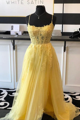 A Line Spaghetti Straps Yellow Long Prom Dress With Appliques PSK211