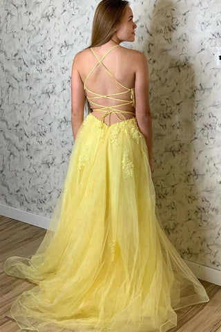 A Line Spaghetti Straps Yellow Long Prom Dress With Appliques PSK211