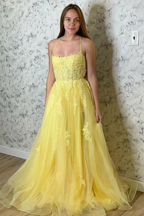 Vestido de festa comprido amarelo com alças finas e aplicações PSK211