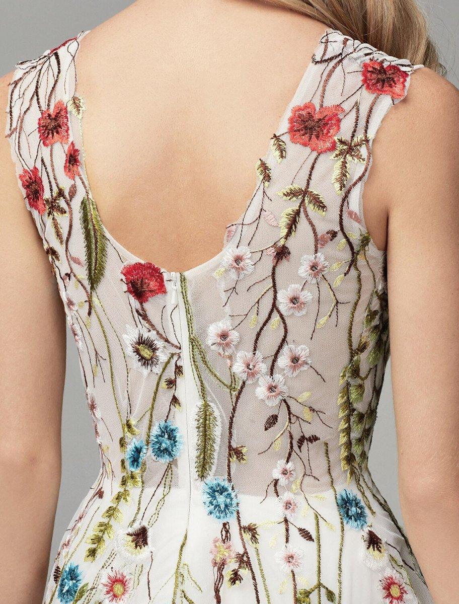 Vestidos para ocasiões especiais em linha A Vestido floral Convidado de casamento Baile de finalistas Comprimento até ao chão Sem mangas Decote em V Renda com aplicações bordadas