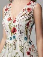 Vestidos para ocasiões especiais em linha A Vestido floral Convidado de casamento Baile de finalistas Comprimento até ao chão Sem mangas Decote em V Renda com aplicações bordadas