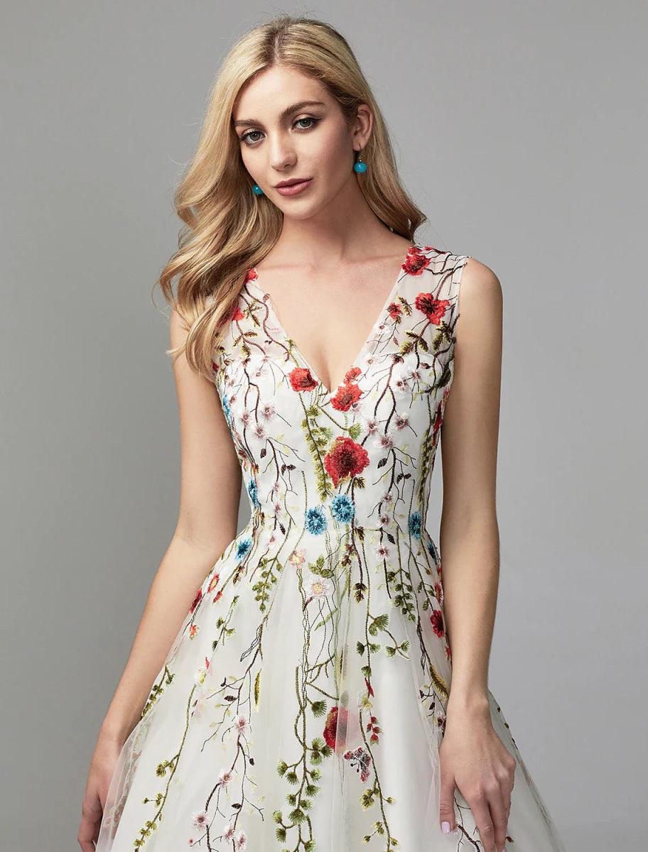 Vestidos para ocasiões especiais em linha A Vestido floral Convidado de casamento Baile de finalistas Comprimento até ao chão Sem mangas Decote em V Renda com aplicações bordadas