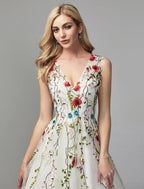 Vestidos para ocasiões especiais em linha A Vestido floral Convidado de casamento Baile de finalistas Comprimento até ao chão Sem mangas Decote em V Renda com aplicações bordadas