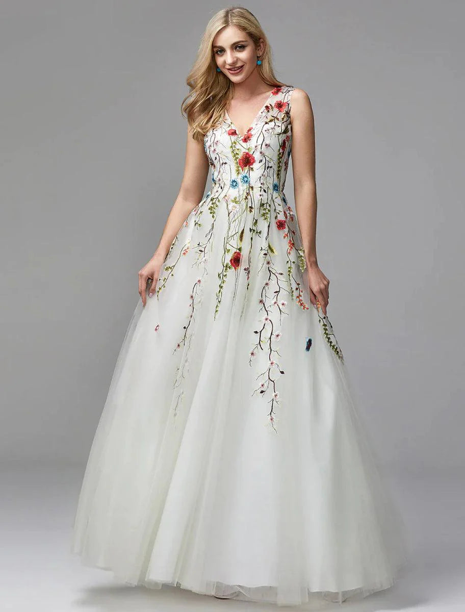 Vestidos para ocasiões especiais em linha A Vestido floral Convidado de casamento Baile de finalistas Comprimento até ao chão Sem mangas Decote em V Renda com aplicações bordadas