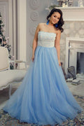 Robe de bal bleu clair sans bretelles longue jusqu'au sol, coupe A, avec broderie de dentelle et perles PG876