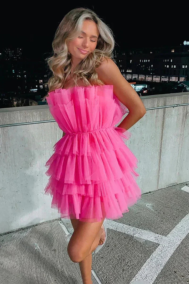 Vestido de Baile Ajustado Sem Alças em Linha A Cor-de-Rosa Forte Curto para a Festa de Finalistas