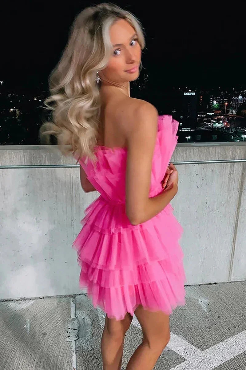 Vestido de Baile Ajustado Sem Alças em Linha A Cor-de-Rosa Forte Curto para a Festa de Finalistas