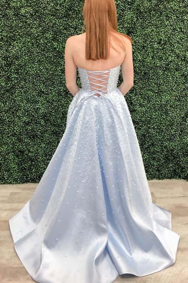 Vestido de festa/formal azul-celeste sem alças, corte A, com pérolas, PSK157