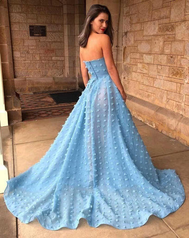 A-Line Strapless Sky Blue Lace High Split Long Prom/Formal Dress PSK164