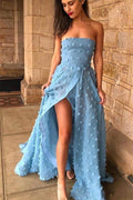 Robe de bal/soirée longue fendue haut bleu ciel sans bretelles en dentelle ligne A PSK164