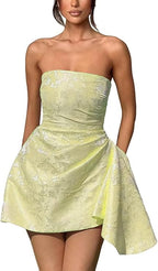 A-line Strapless Sleeveless Short Homecoming Dress Jacquard Satin Asymmetrical Lace up Party Dresses