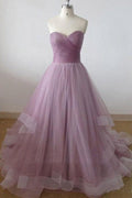 Robe de soirée longue mauve à encolure cœur sans bretelles ligne A PG959
