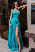 Robe de bal en satin turquoise longue jusqu'au sol avec fente et bretelles en ligne A  PG684