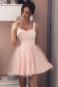 Robe de bal courte à bretelles A-Line sans manches en tulle rose PD408