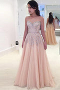 Vestido de Fiesta de Tul de Línea A Color Rosa Perla con Escote de Corazón y Abalorios PG852