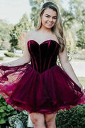 Robe de bal court en organza bordeaux à décolleté cœur, ligne A PD039