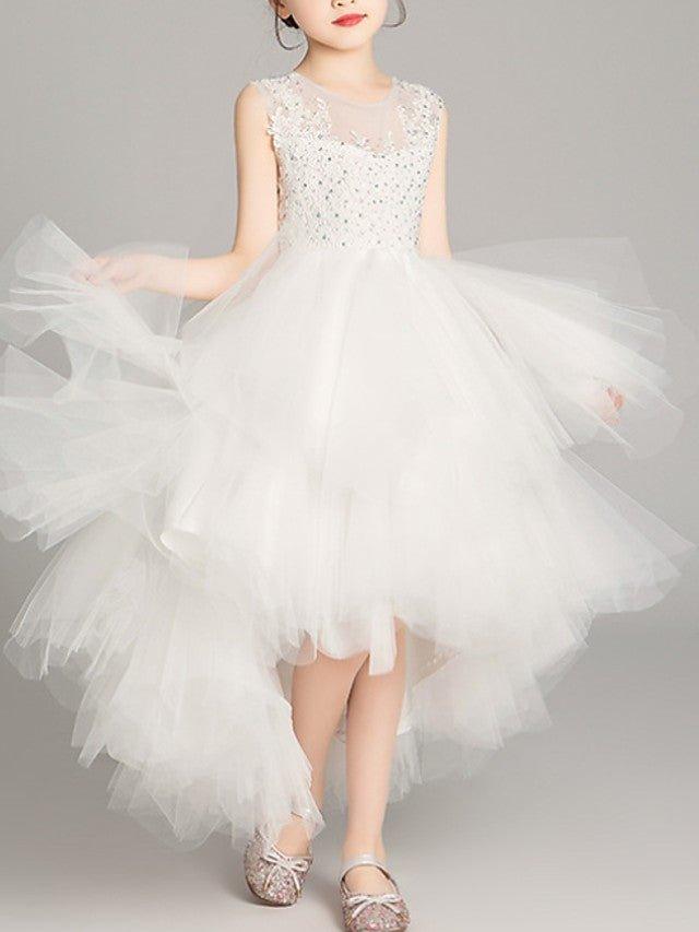 NumberSea - A - Line Tulle Sleeveless Jewel Neck Asymmetrical Pageant Flower Girl Dresses