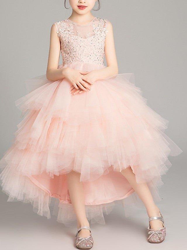 NumberSea - A - Line Tulle Sleeveless Jewel Neck Asymmetrical Pageant Flower Girl Dresses