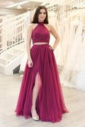 Vestidos de Fiesta Largo de Tul con Abertura y Línea A en Dos Piezas Color Fuchsia  PSK219