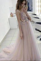 A-line V-neck 3D Flower Eleagnt Tulle Long Prom Dress PSK136
