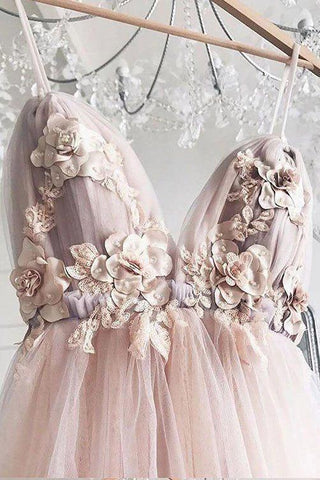 A-line V-neck 3D Flower Eleagnt Tulle Long Prom Dress PSK136
