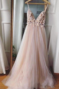 Abito da ballo lungo in tulle con scollo a V, linea A, fiori 3D eleganti PSK136
