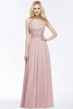 A-line V-neck Appliques Chiffon Evening Maxi Dresses Sleeveless Bridesmaid Dress