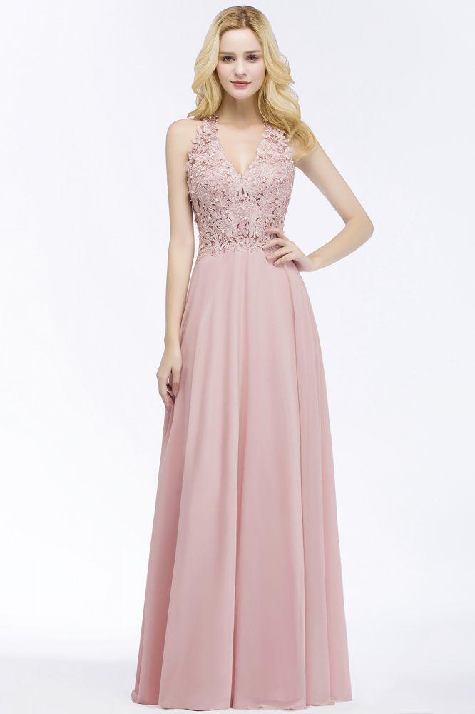 A-line V-neck Appliques Chiffon Evening Maxi Dresses Sleeveless Bridesmaid Dress