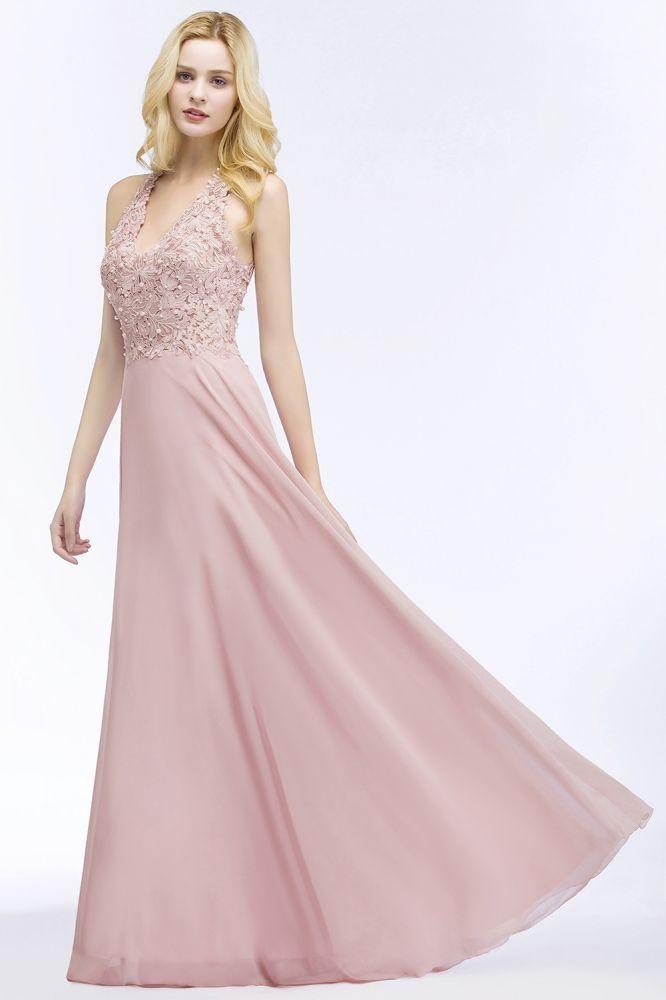 A-line V-neck Appliques Chiffon Evening Maxi Dresses Sleeveless Bridesmaid Dress