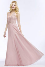 A-line V-neck Appliques Chiffon Evening Maxi Dresses Sleeveless Bridesmaid Dress