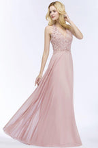 A-line V-neck Appliques Chiffon Evening Maxi Dresses Sleeveless Bridesmaid Dress
