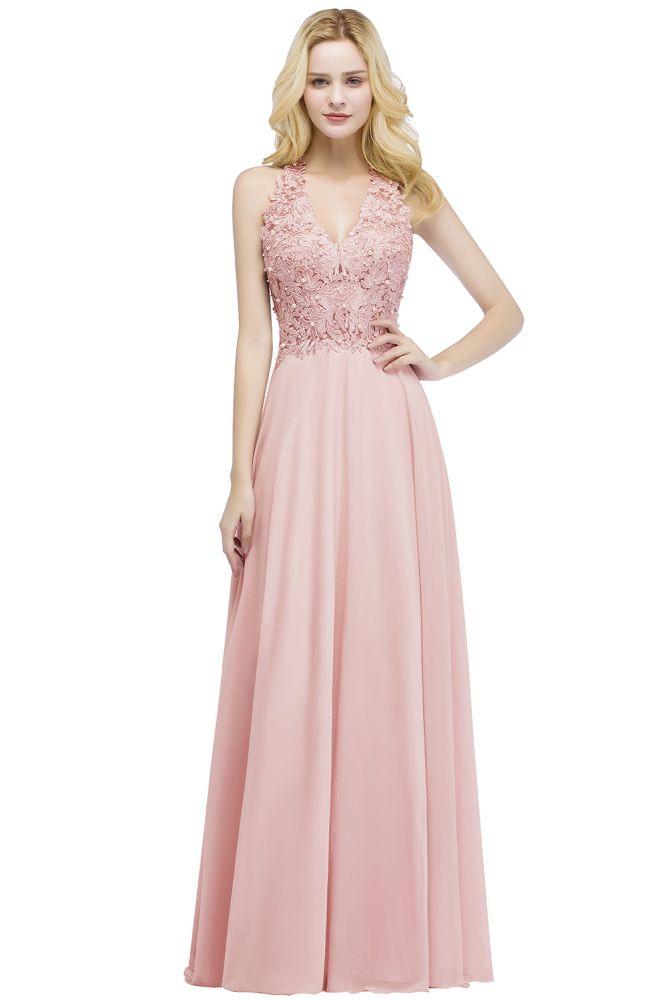 A-line V-neck Appliques Chiffon Evening Maxi Dresses Sleeveless Bridesmaid Dress